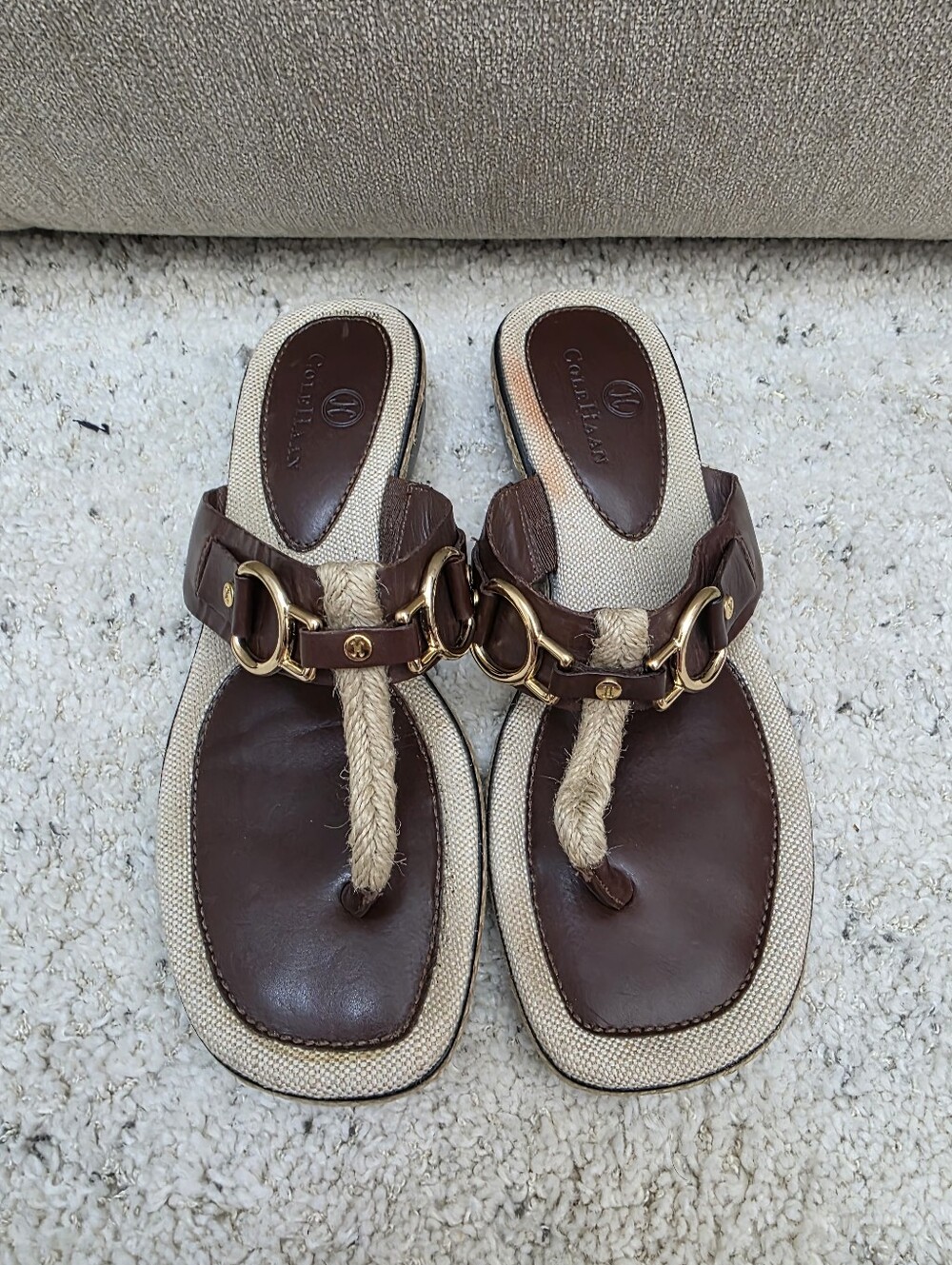 Cole Haan 6 Brown Leather Cream Canvas Rope Toe-Post Sandals with Gold Hardware
